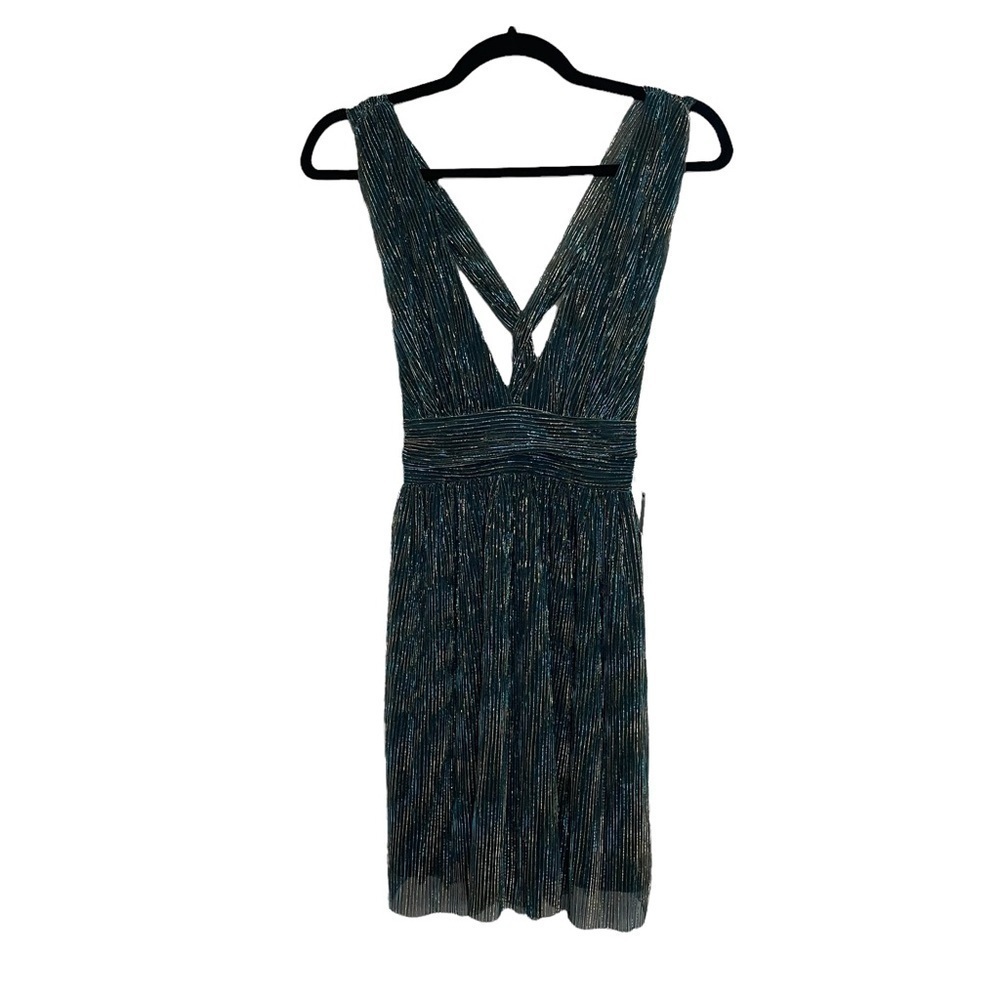 Lulu’s Ailey Gold and Teal Blue Skater Mini Dress w/ Metallic Gold Threading NWT - Picture 4 of 14